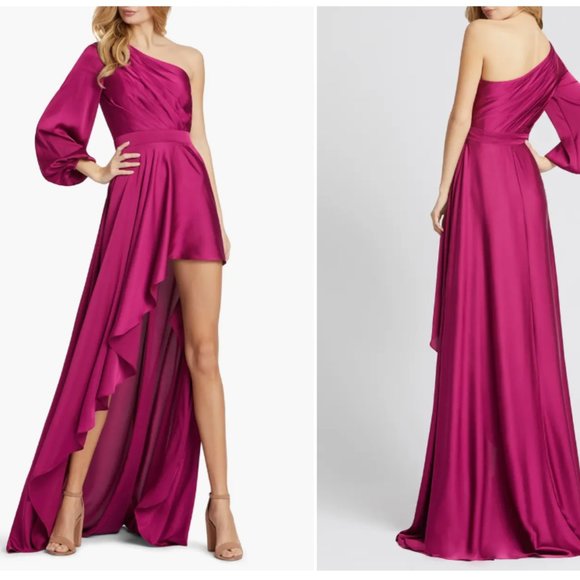 MAC DUGGAL 49141 ONE SHOULDER LONG SLEEVE SATIN HI-LO BERRY GOWN sz 4 - Picture 1 of 4